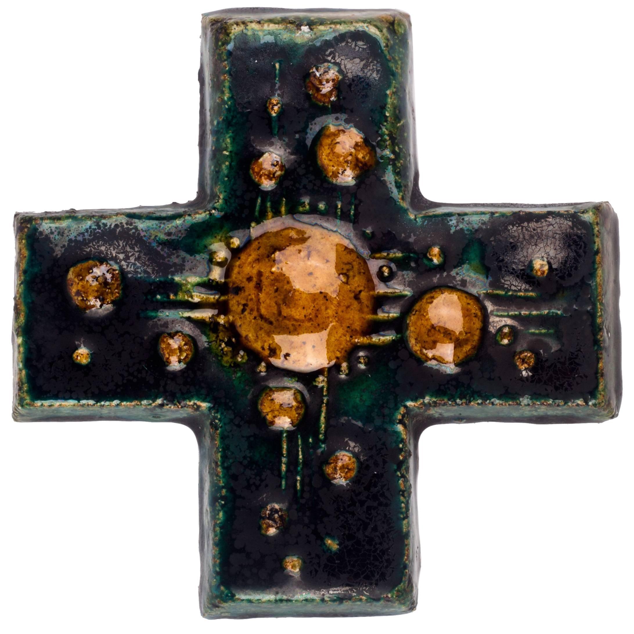 Wall Cross in Ceramic, Hand-Painted, Green, Brown, Made in Belgium, 1970s