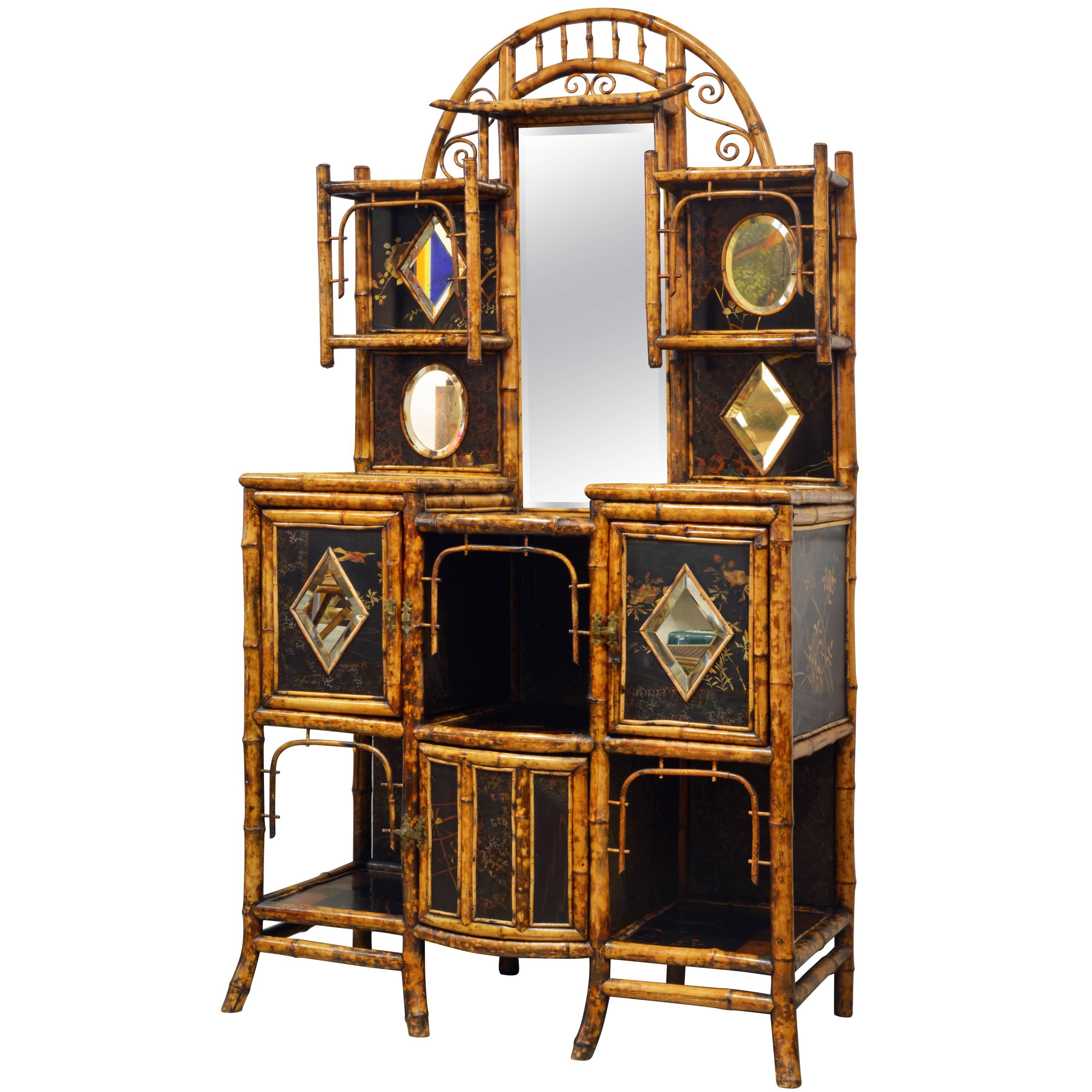 Superior 19th Century English Bamboo and Lacquer Etagere or Hall Tree Cabinet