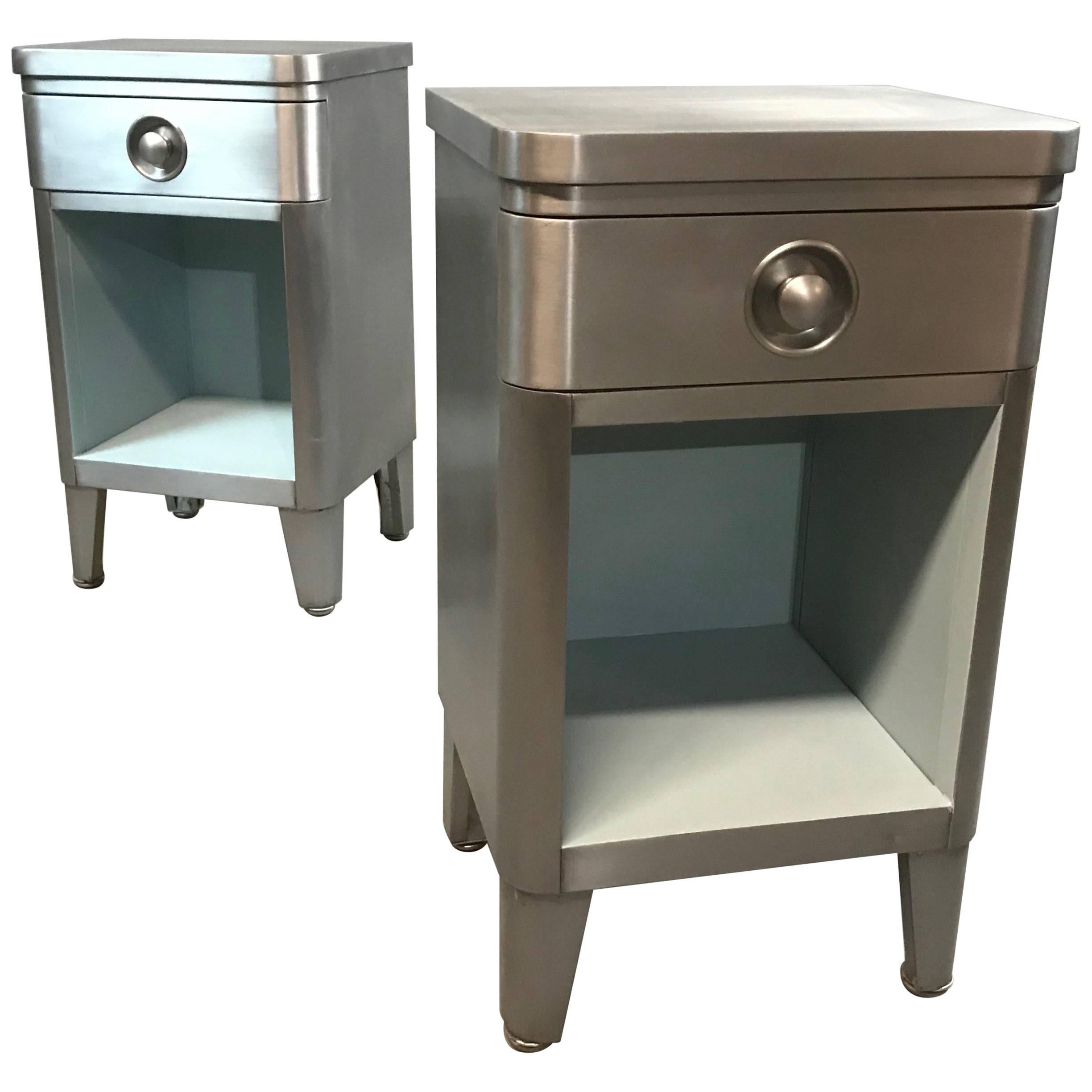 Machine Age Brushed Steel Nightstand End Tables by Norman Bel Geddes for Simmons