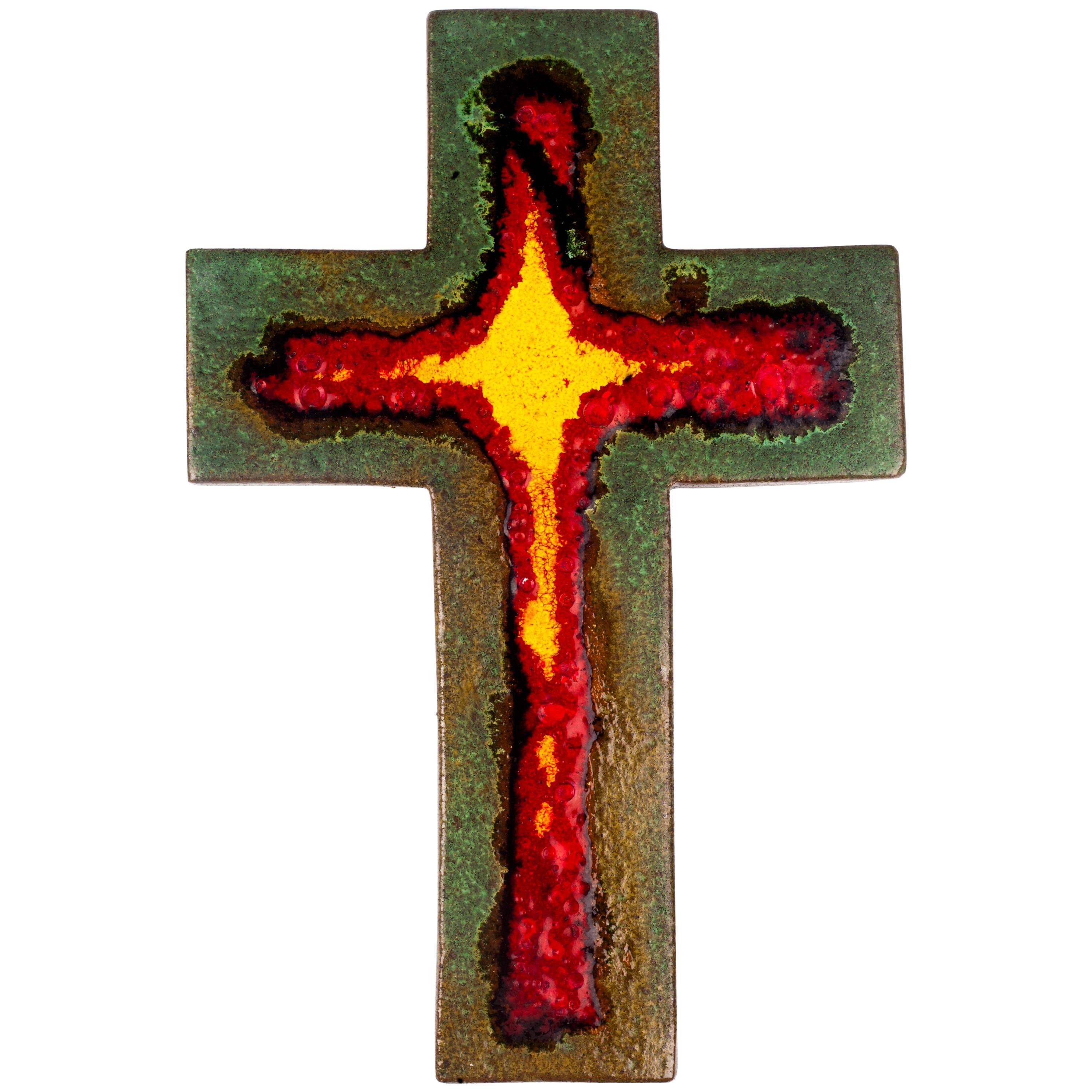 Large Wall Crucifix, Red, Green, Yellow Glazed Ceramic, Handmade, Belgium For Sale