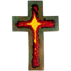 Retro Large Wall Crucifix, Red, Green, Yellow Glazed Ceramic, Handmade, Belgium