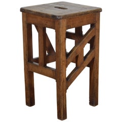French Painter's Stool with Four Differing Stretchers and Handle Top