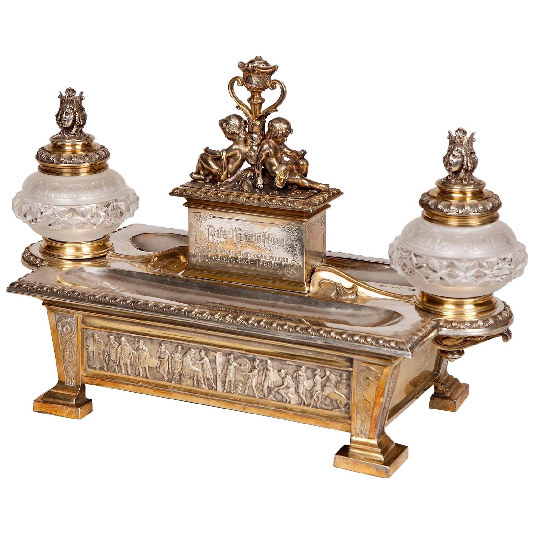 English Silver Inkstand Presented to a Chilean Politician by Elkington