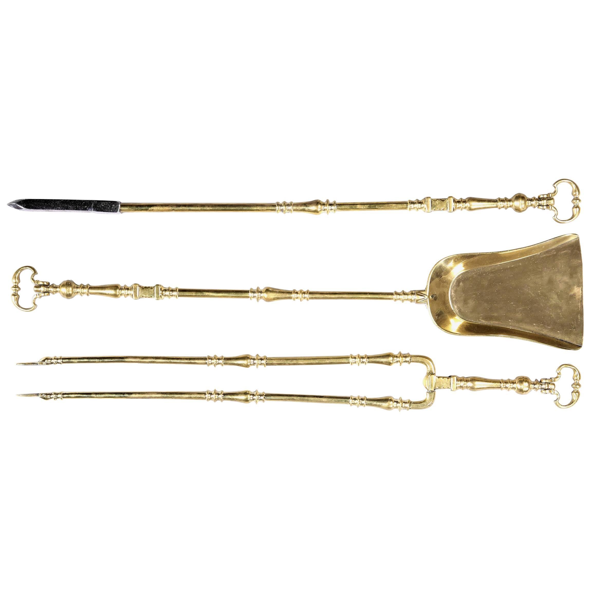 A Set of Large Brass Fire Tools or Fire Irons For Sale