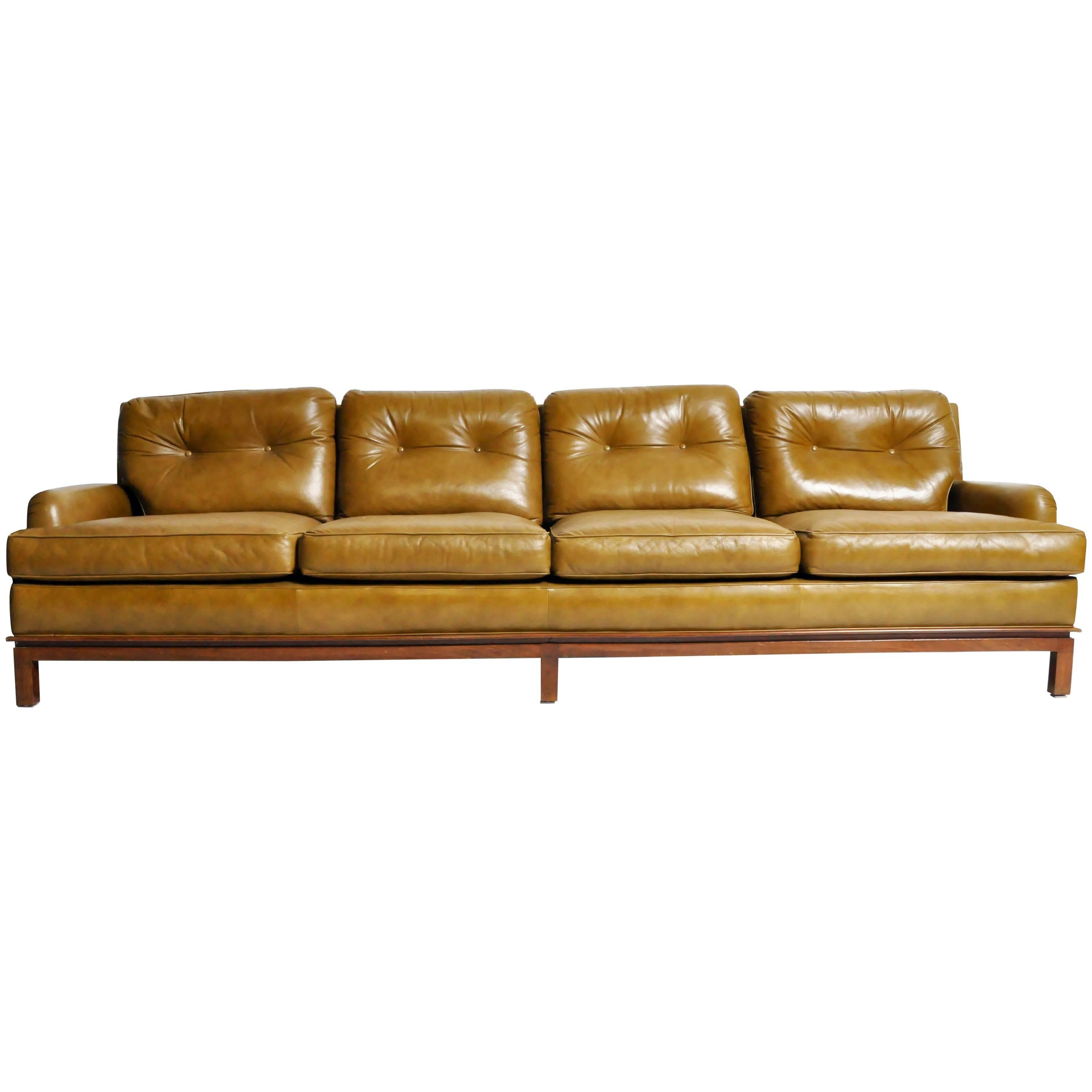 Mid-Century Modern Green Leather Sofa with Hardwood Base
