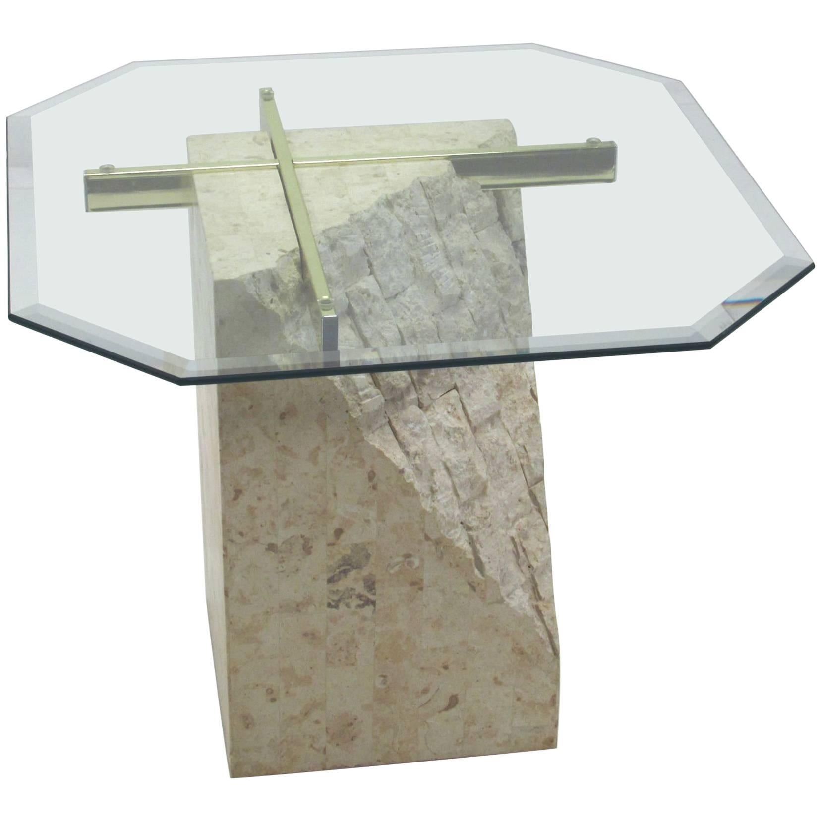 Italian Travertine and Brass Occasional Table with Glass Top by Artedi For Sale