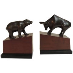 Pair of Vintage Bull and Bear Bookends Crafted in Bronze-Mounted on Wood Bases