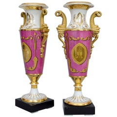 Early 19th Century Pair of Small Pink Music Themed Vases, Alluaud in Limoges