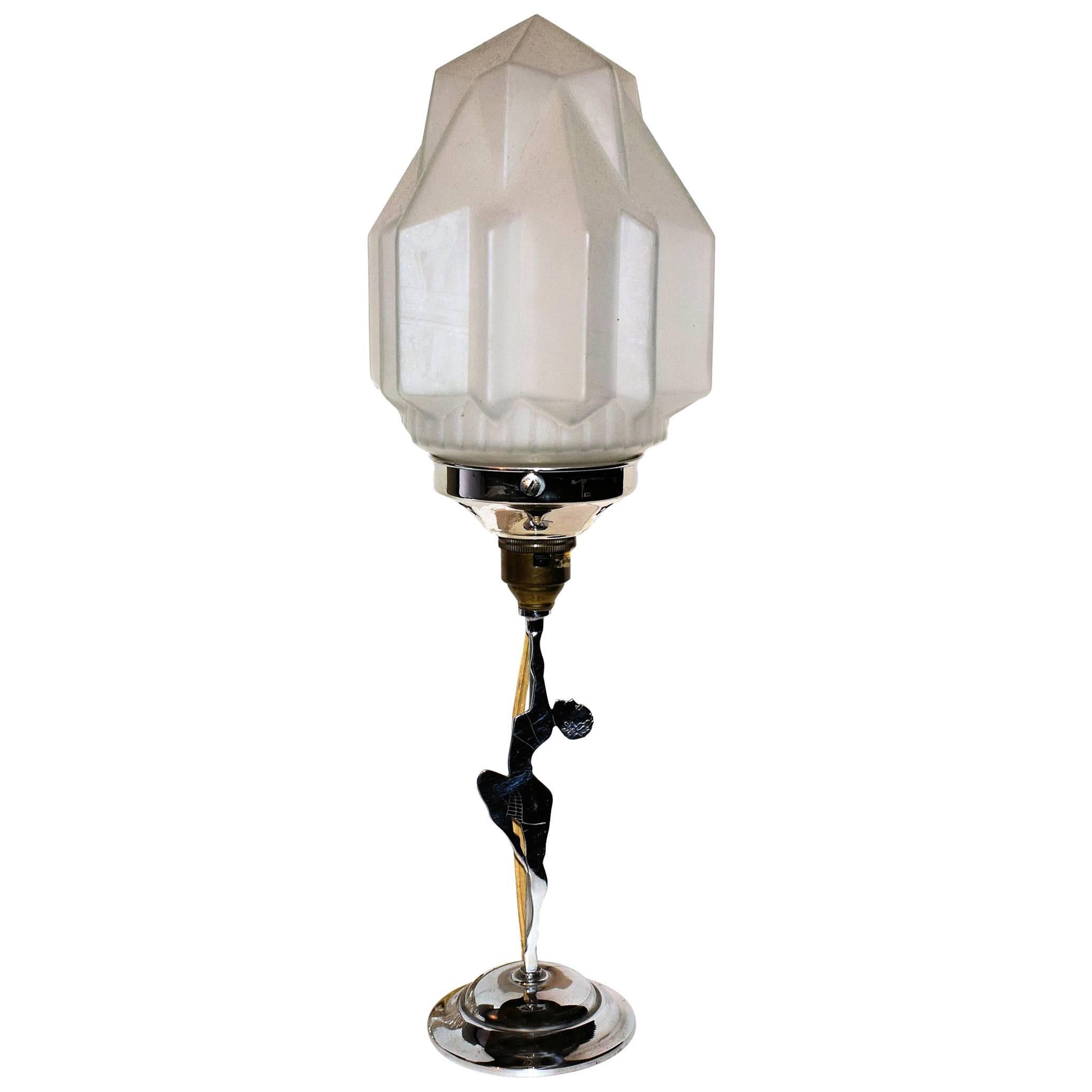 Art Deco Chrome Figural Lady Table Lamp For Sale