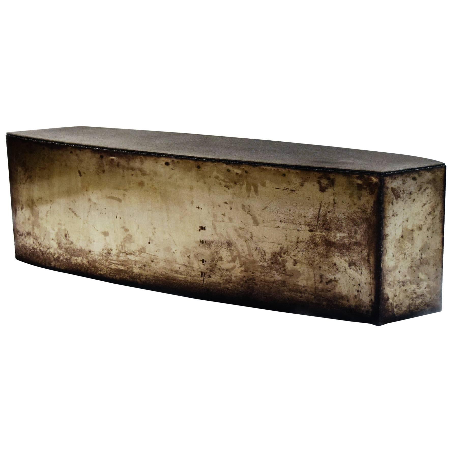 Angular Coffee Table or Bench in Oxidized Steel and Granite, circa 1987