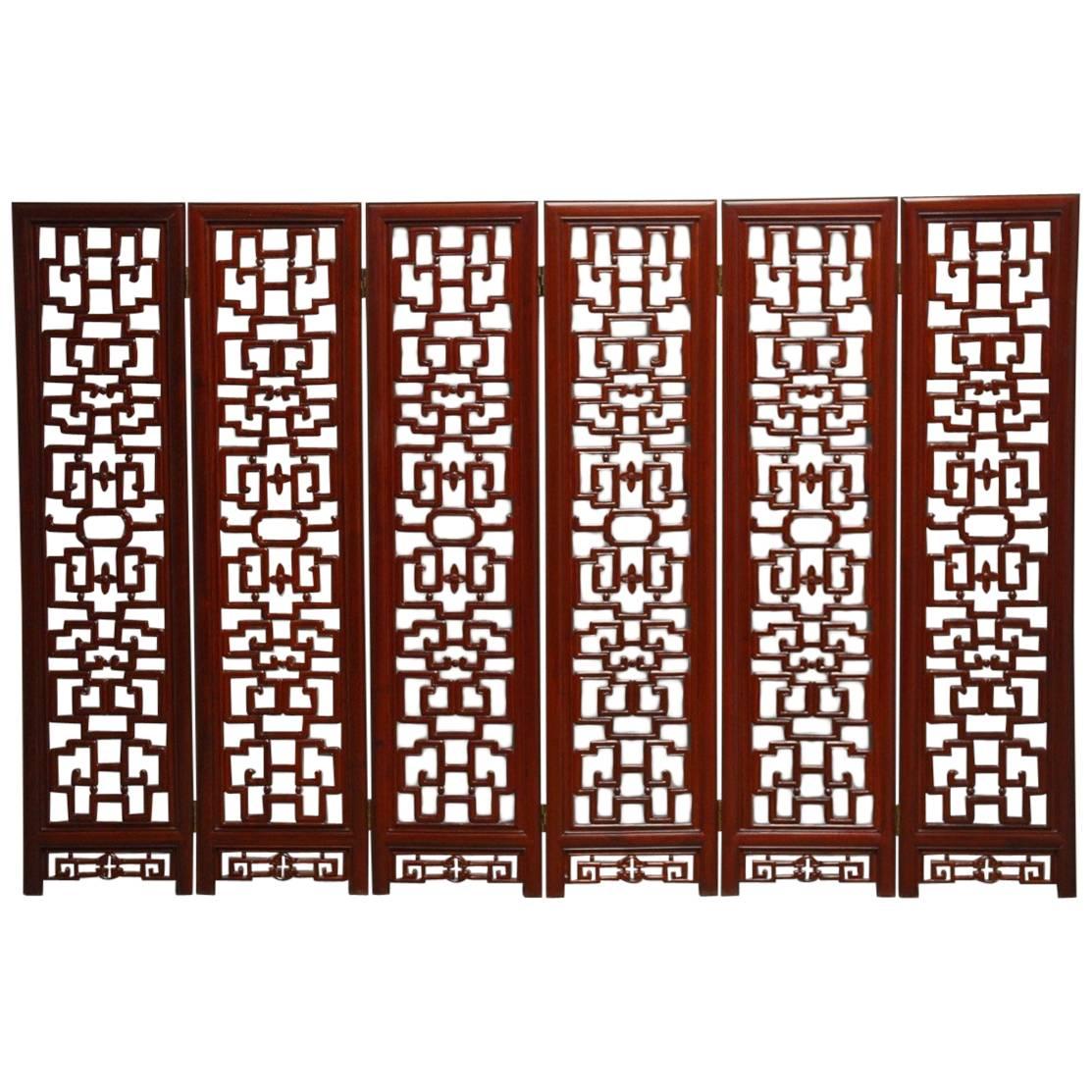 Chinese Six-Panel Rosewood Carved Lattice Screen