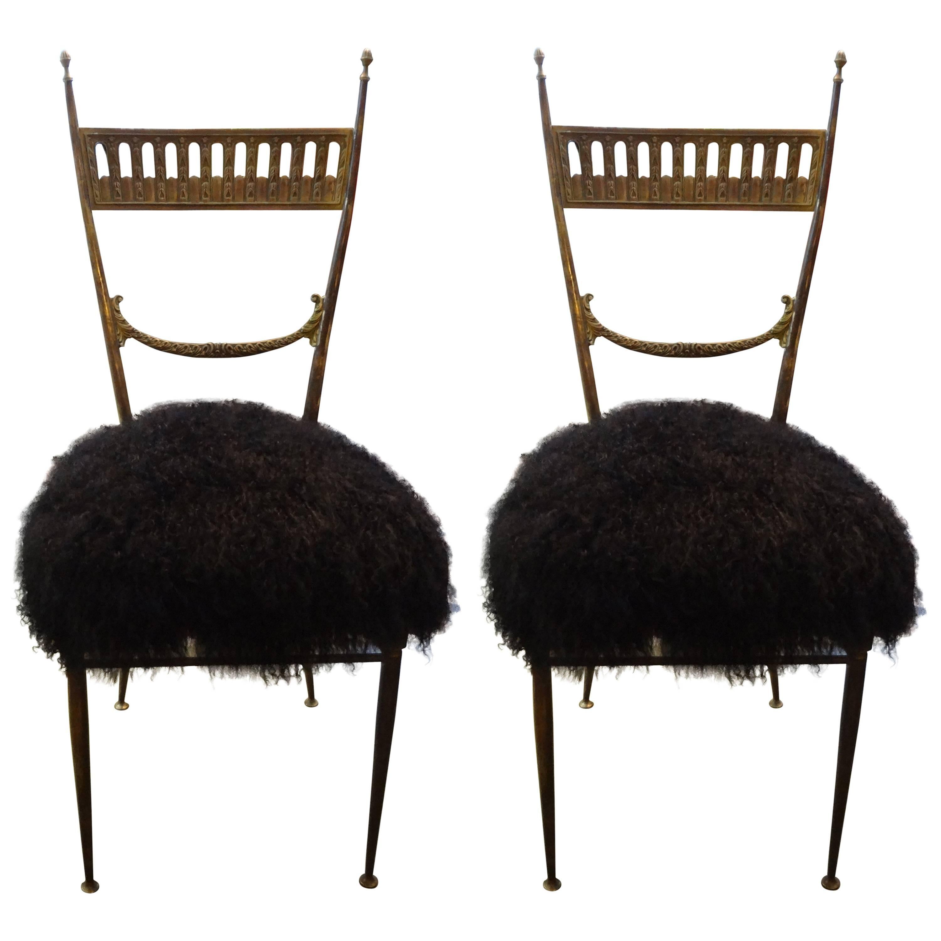Pair of Italian Brass Chiavari Chairs in Black Mongolian Lambs Wool