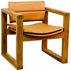 Midcentury Dutch Design Cognac Leather Cubic Pinewood Armchair, 1970s 