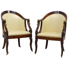 Antique Elegant Pair of Napoleon III Empire Leather Covered Arm Chairs with Swan Mounts