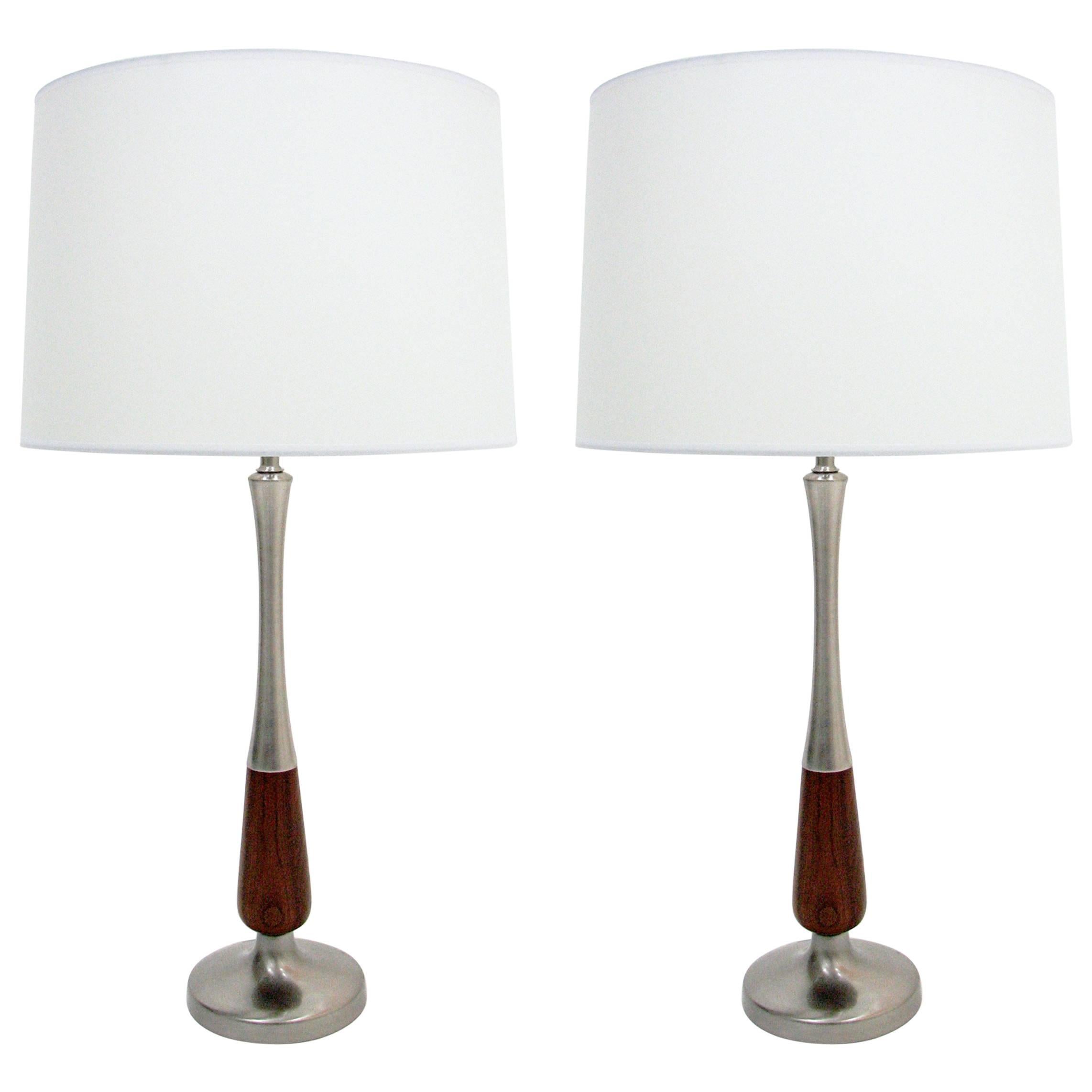 Pair of Midcentury Walnut and Brushed Nickel Lamps For Sale