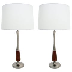 Pair of Midcentury Walnut and Brushed Nickel Lamps