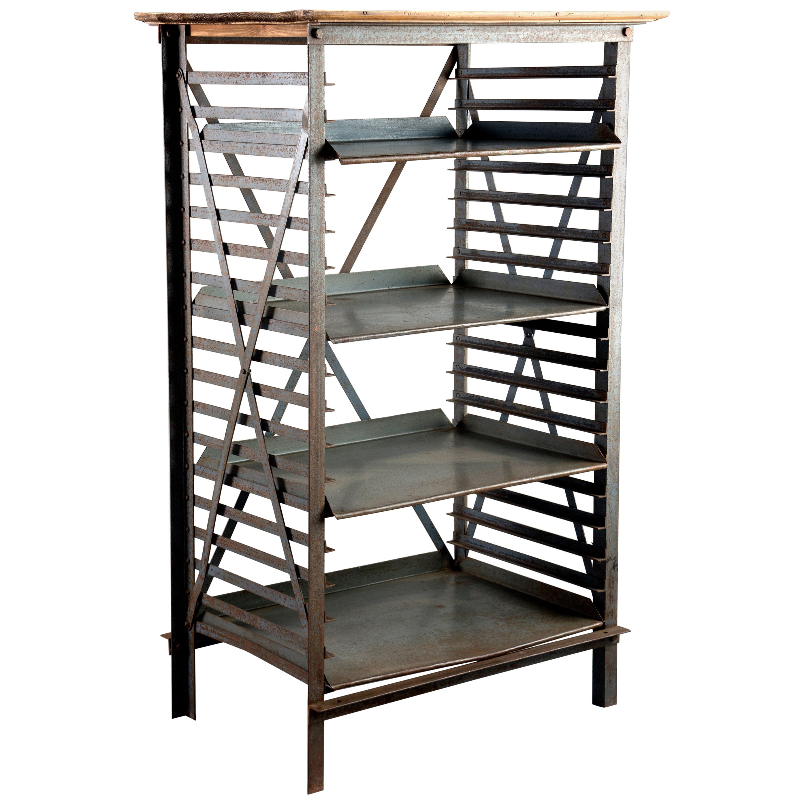 Vintage Industrial, Adjustable Metal Shelves with Wooden Top at 1stDibs