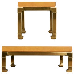 Used Mastercraft Faux Ostrich Skin and Brass Coffee and Side Table Set, circa 1970