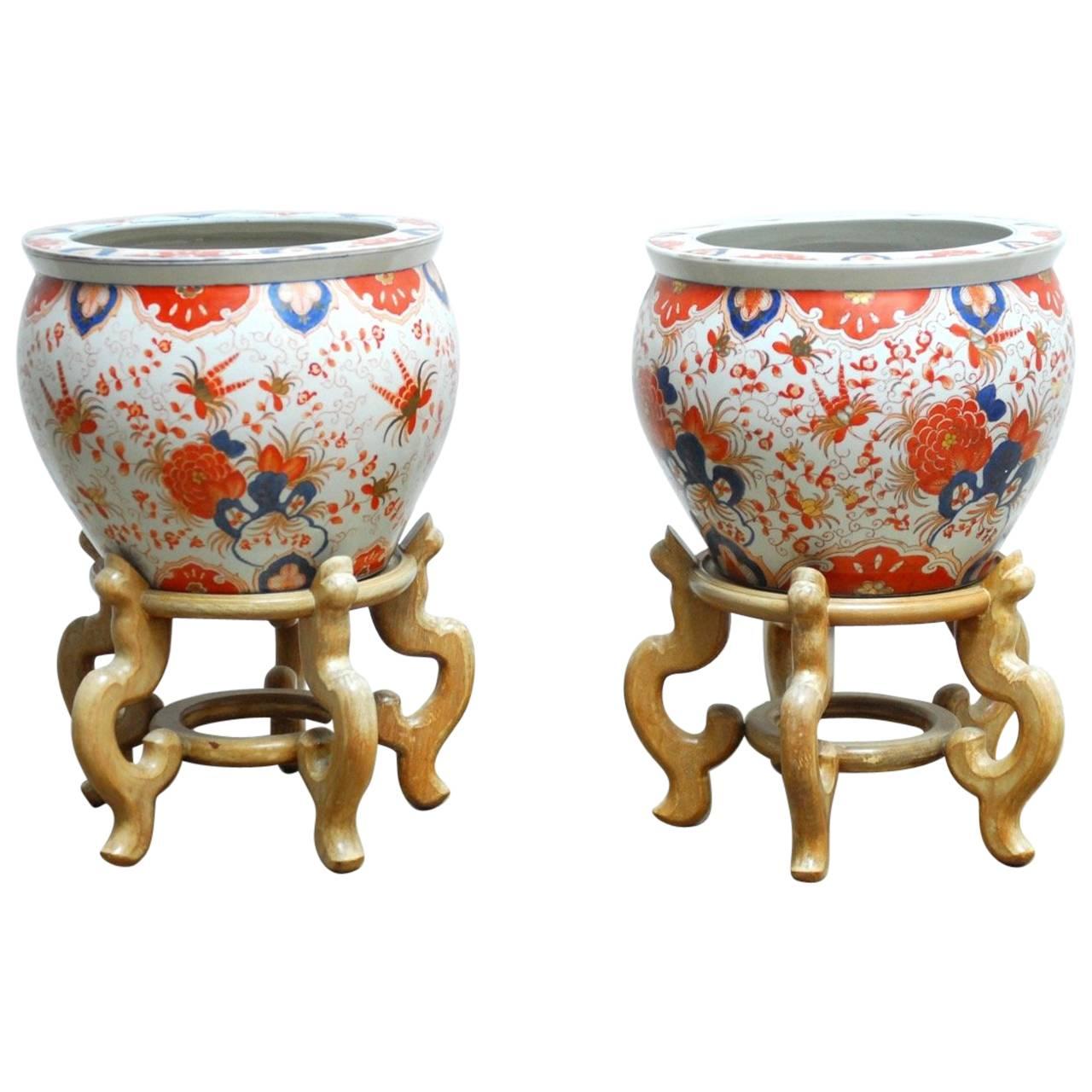 Pair of Chinese Porcelain Fish Bowls on Stands for Gumps