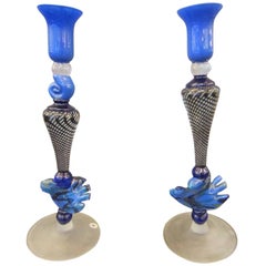 Vintage Two Tall Handblown Murano Candlestick Holders