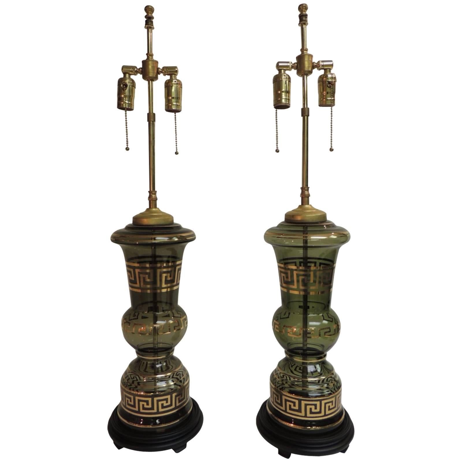 Pair of Antique Hand Blown Glass Lamps with Gold Greek Key Border For Sale