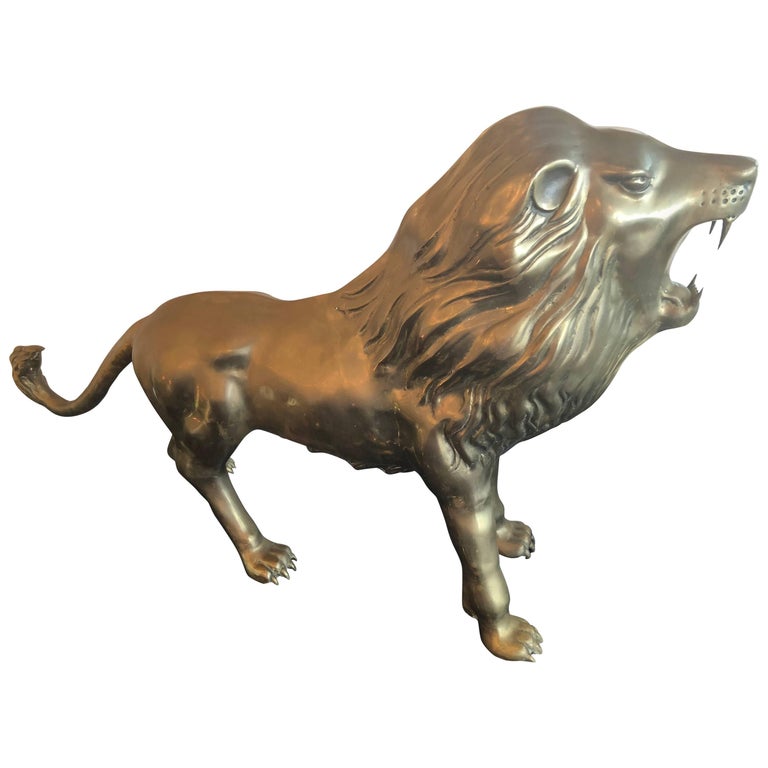 Vintage Brass Lion Statue Monumental Size Hollywood Regency For Sale at