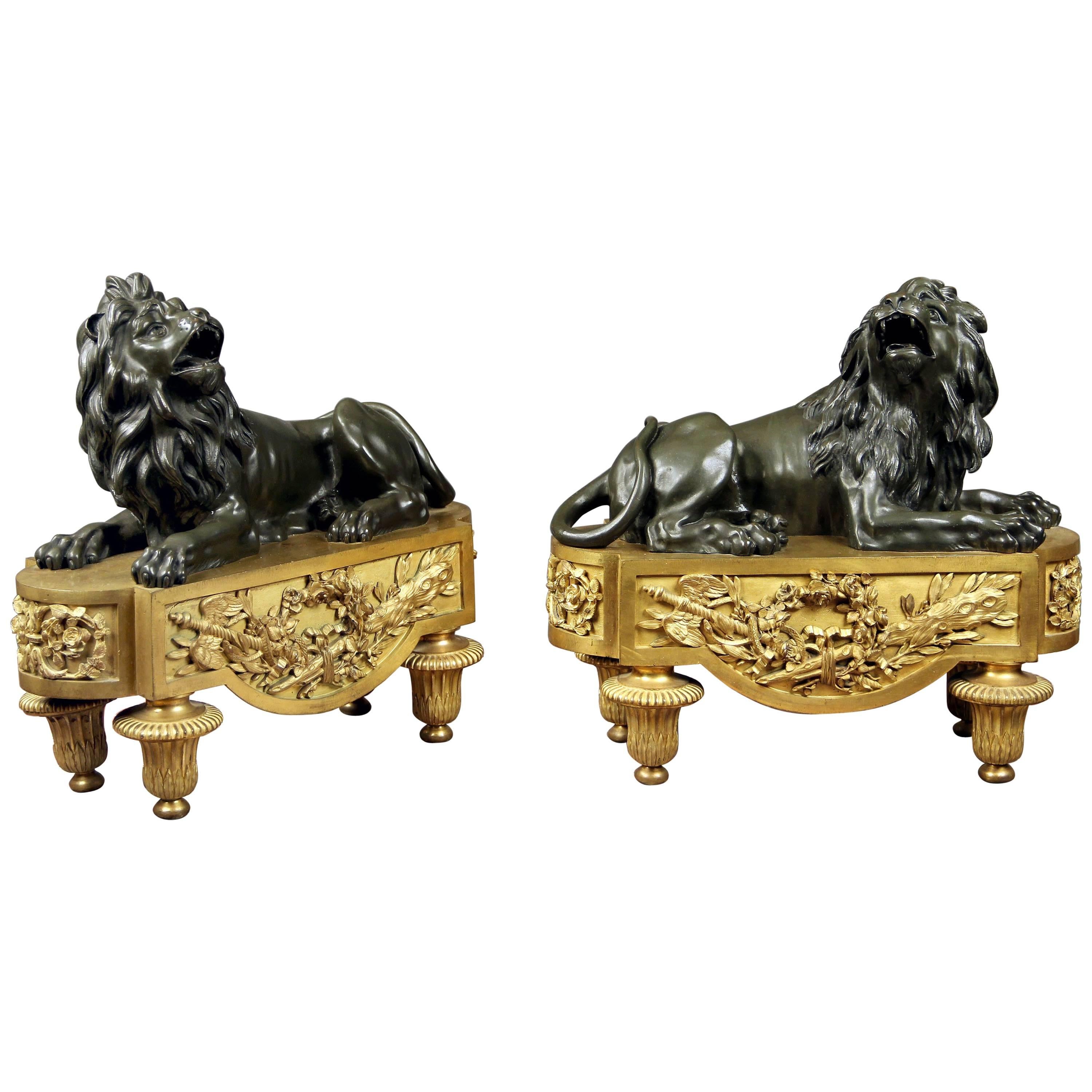 Fine Pair of Late 19th Century Gilt and Patina Bronze Chenets