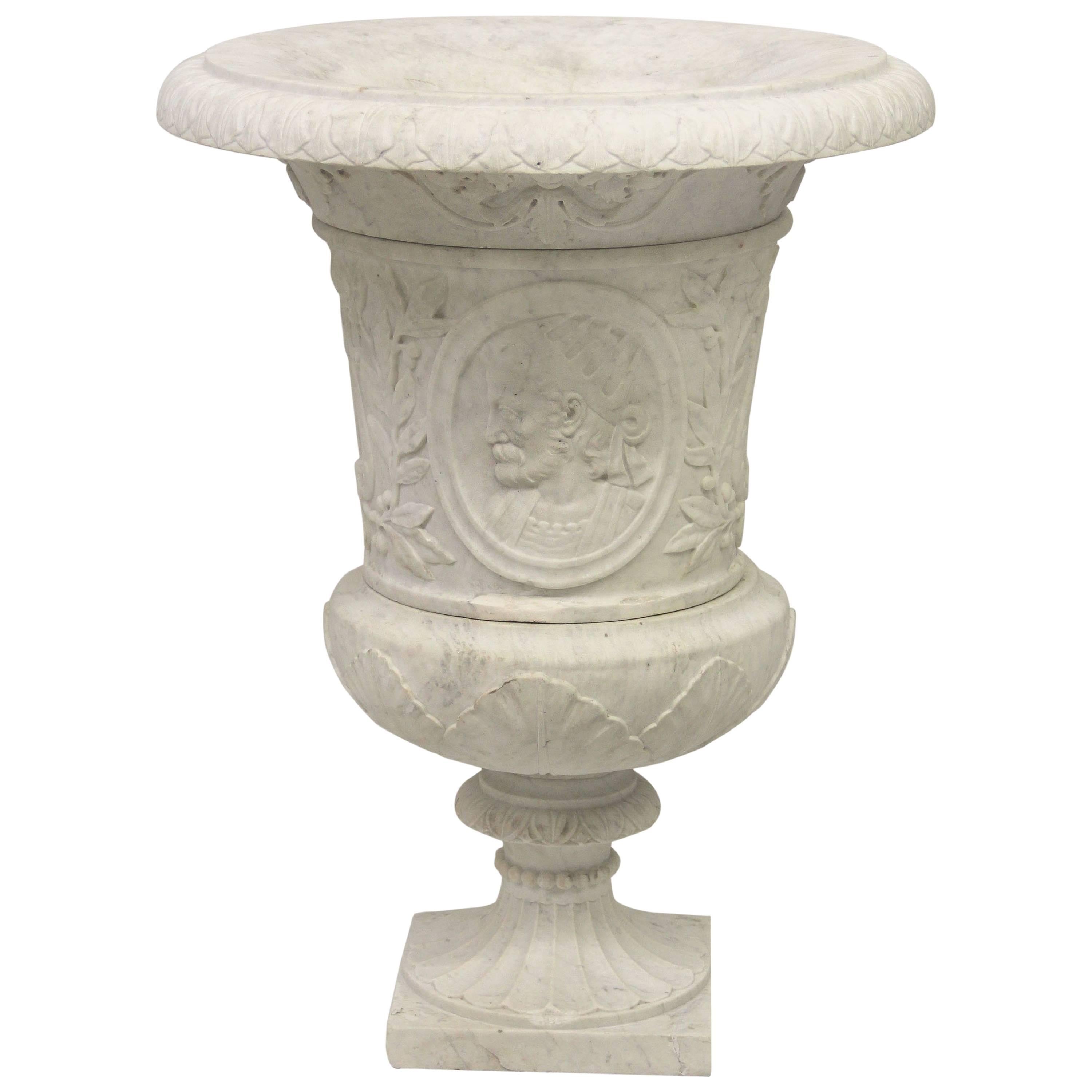 Very Fine Early 20th Century Hand-Carved Carrera Marble Urn For Sale