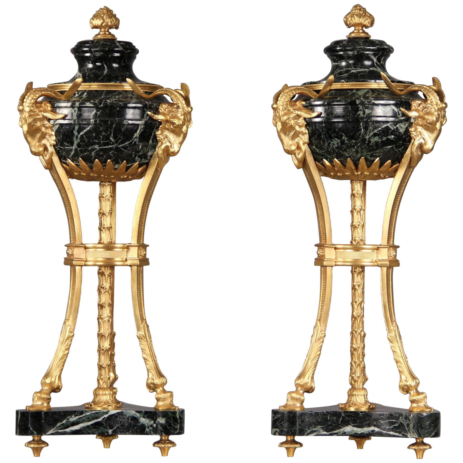 Pair of Late 19th Century Gilt Bronze Mounted Verde Antico Marble Cassolettes