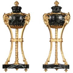 Pair of Late 19th Century Gilt Bronze Mounted Verde Antico Marble Cassolettes