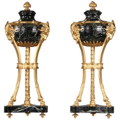 Pair of Late 19th Century Gilt Bronze Mounted Verde Antico Marble Cassolettes