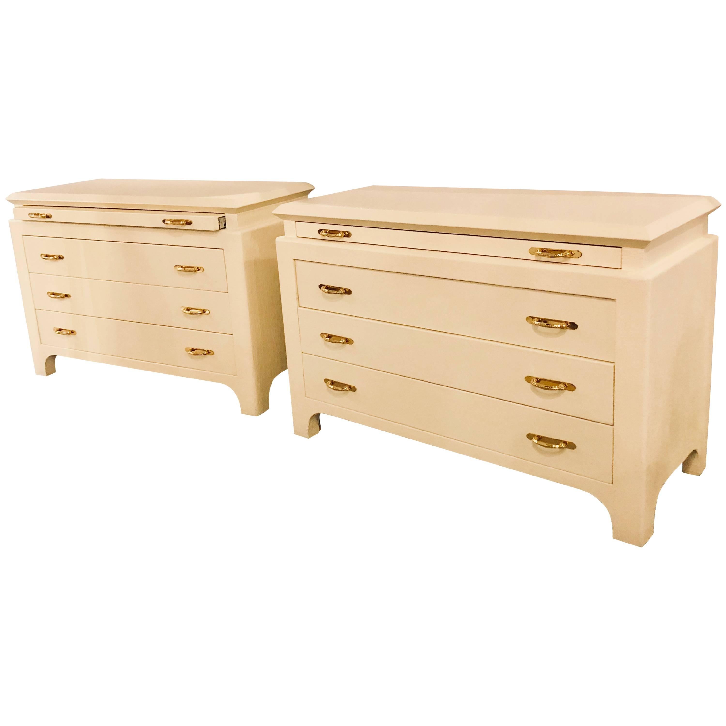 Pair of Custom Quality Commodes or Chests Linen Wrapped