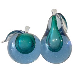 Pair of Sommerso Murano Barbini Blue Green Apple and Pear Art Glass Bookends