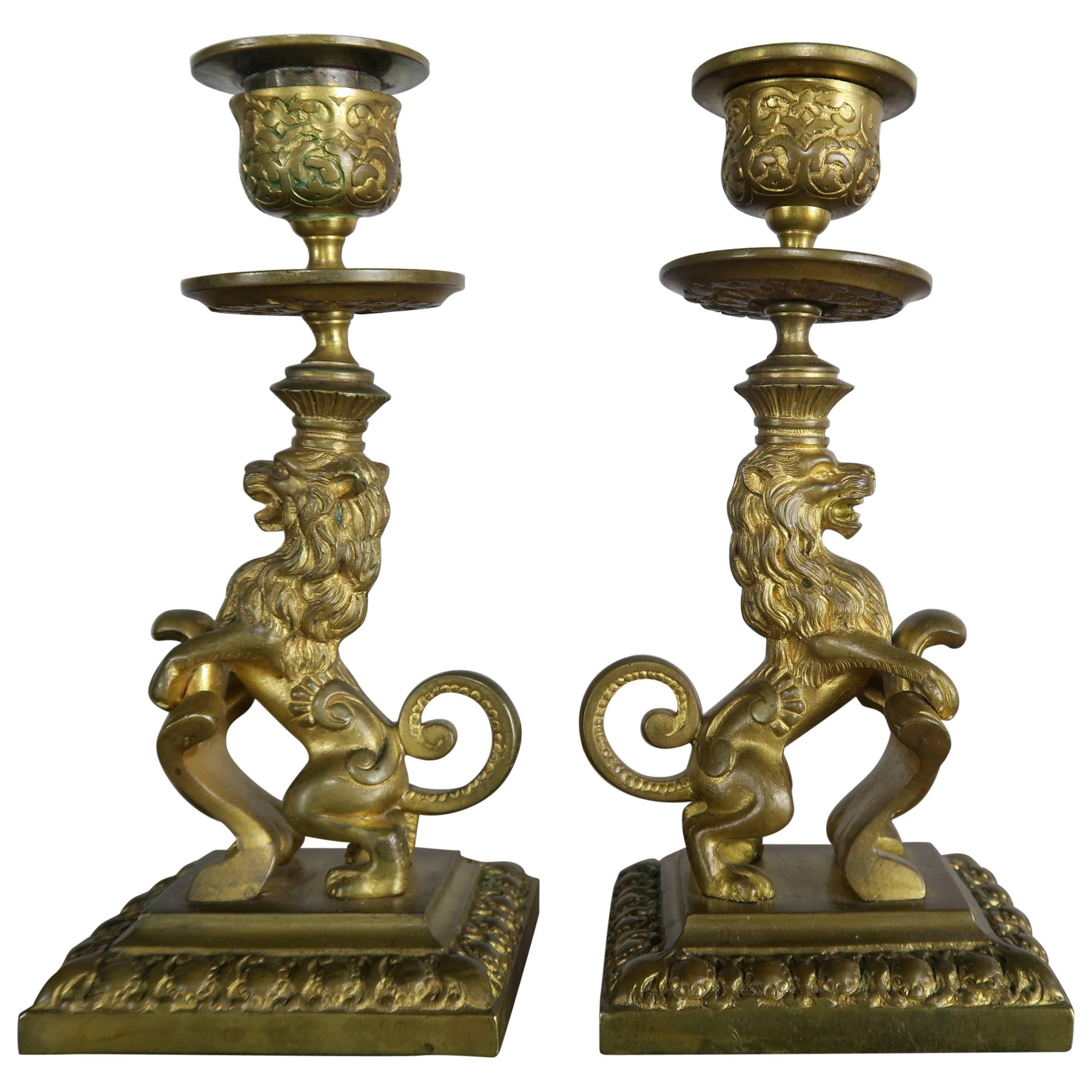 Pair of 19th Century Bronze Lions with Shields