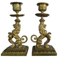 Pair of 19th Century Bronze Lions with Shields
