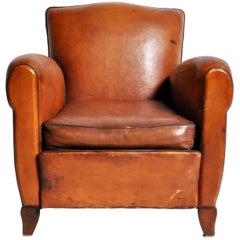 French Art Deco Leather Club Chair with Piping and Original Patina