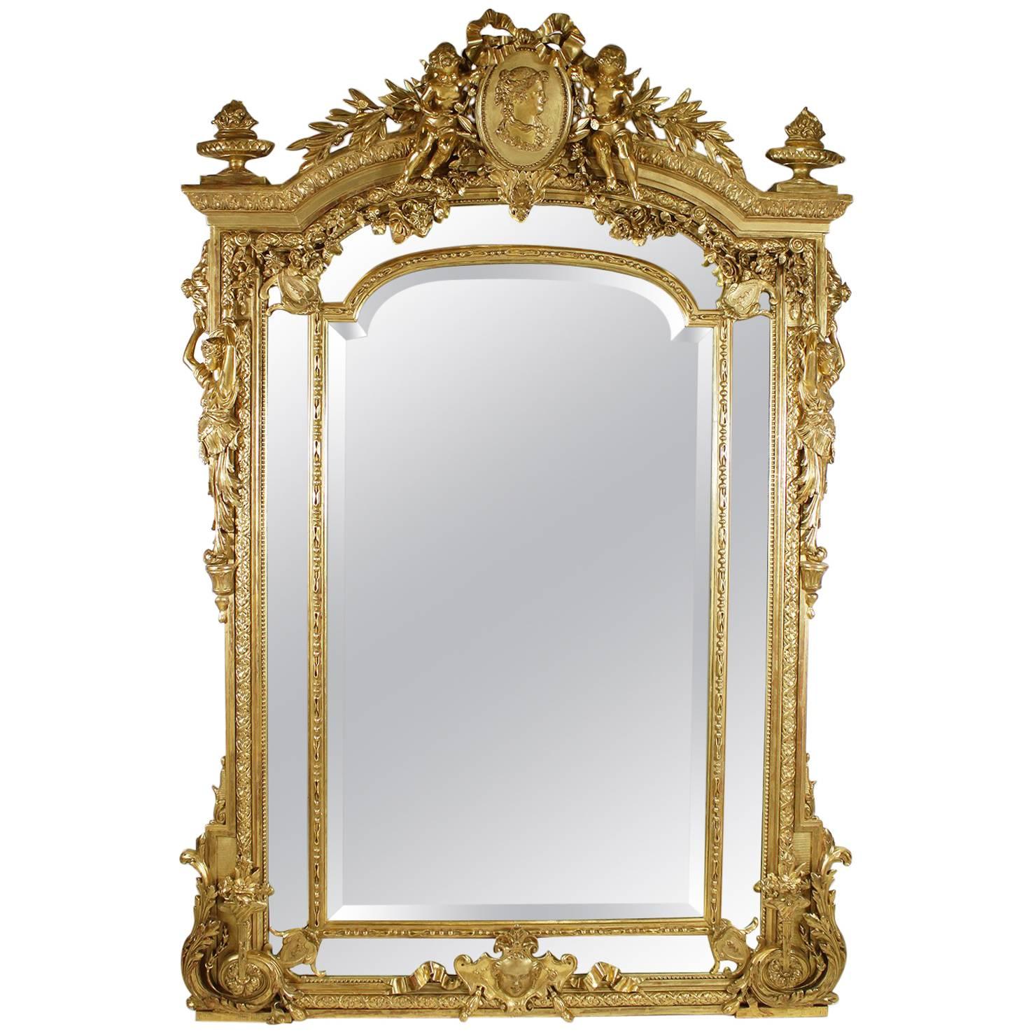 French, 19th Century Louis XV Style Giltwood Carved and Gesso Figural Mirror