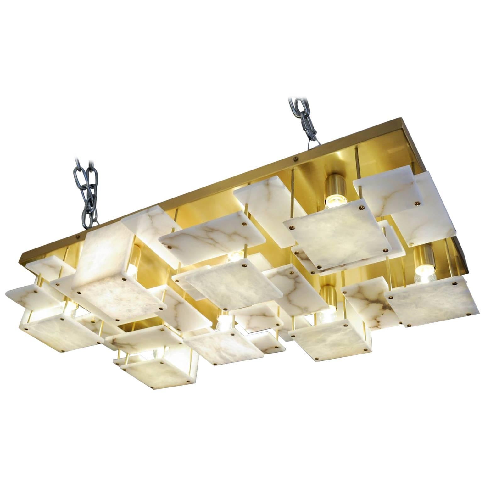 Glustin Luminaires Creation Brass and Alabaster Tiles Ceiling Lamp For Sale