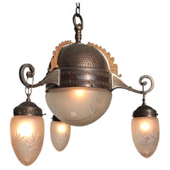 Arts & Crafts Pendant Light, Patinated Brass / Bronze and Engraved Glass Shades
