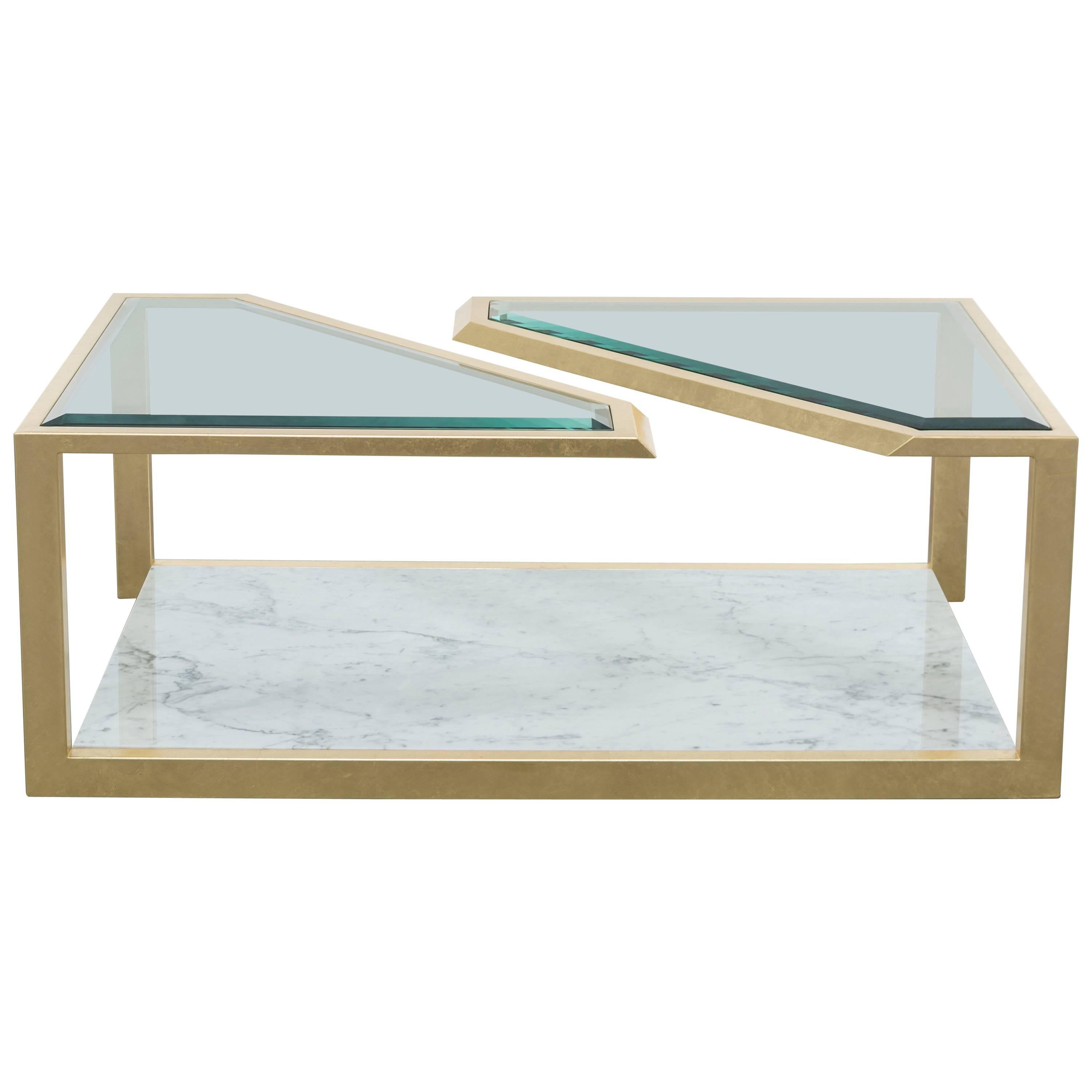 PIERRE COFFEE TABLE - Modern Carrara Marble with Gold Leaf and Beveled Glass