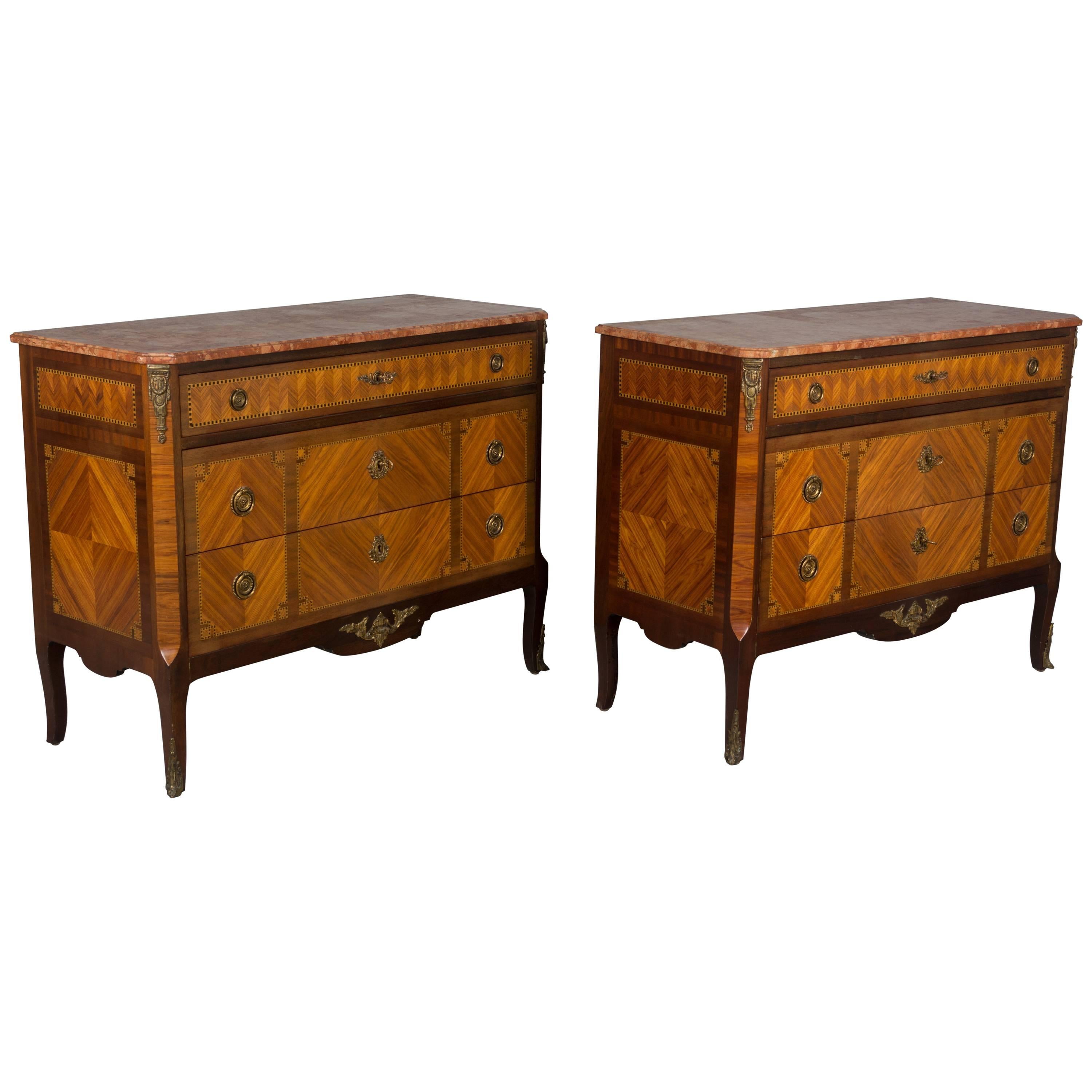 Pair of Louis XVI Style Marquetry Commodes or Chest of Drawers
