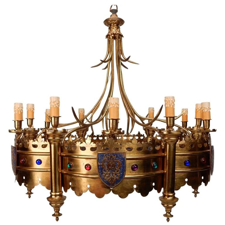 Early 20th Century Gold Jeweled Crown Electrified Candelabra Chandelier
