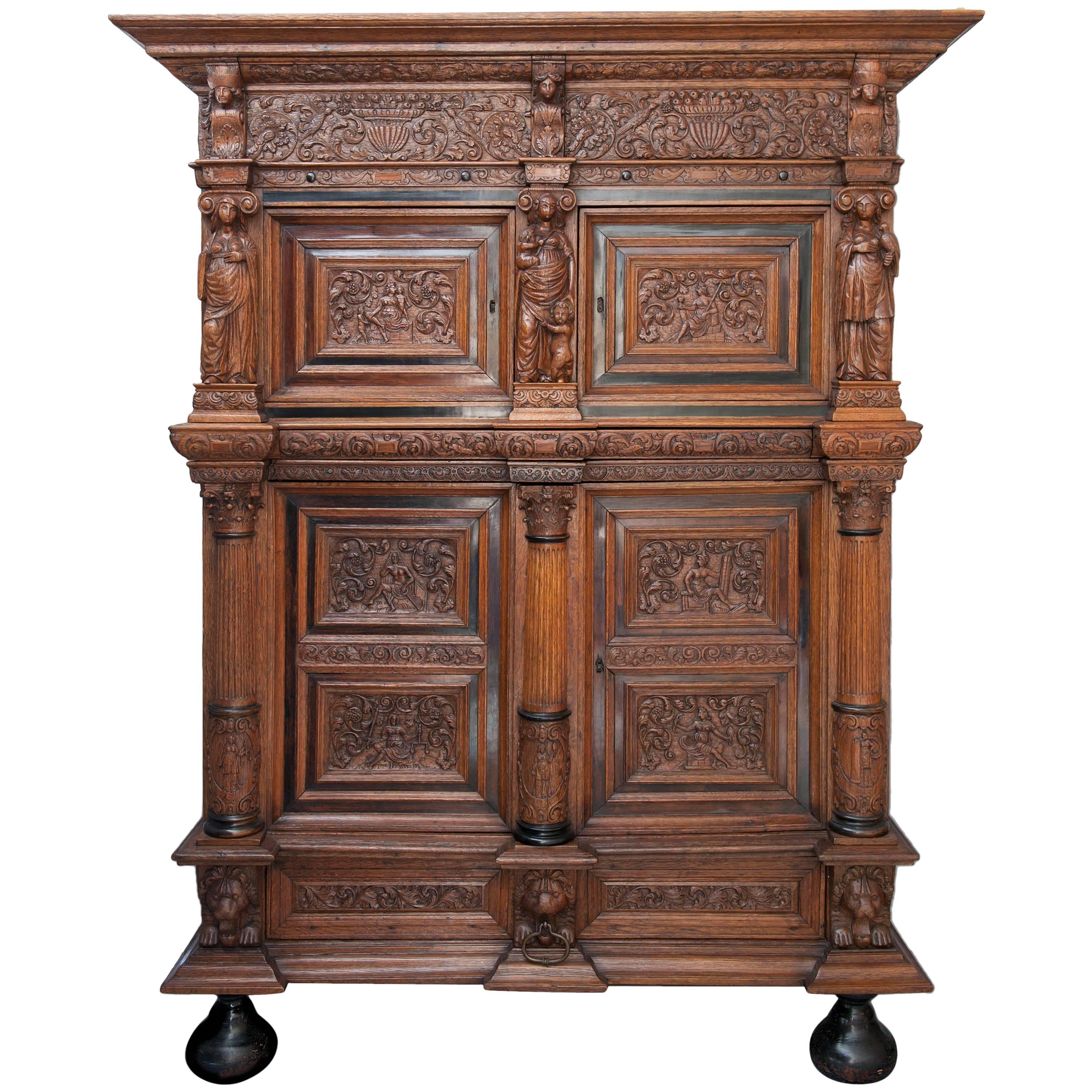 17th Century Dutch Oak Cupboard with the Seven Virtues For Sale