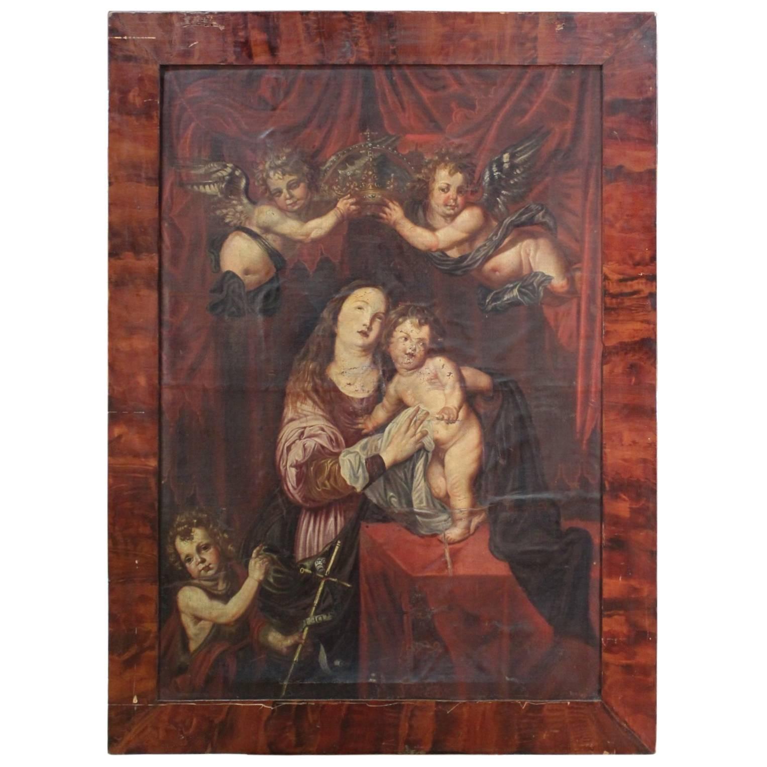 Italian Religious Painting Oil on Canvas Coronation of Virgin 18th Century