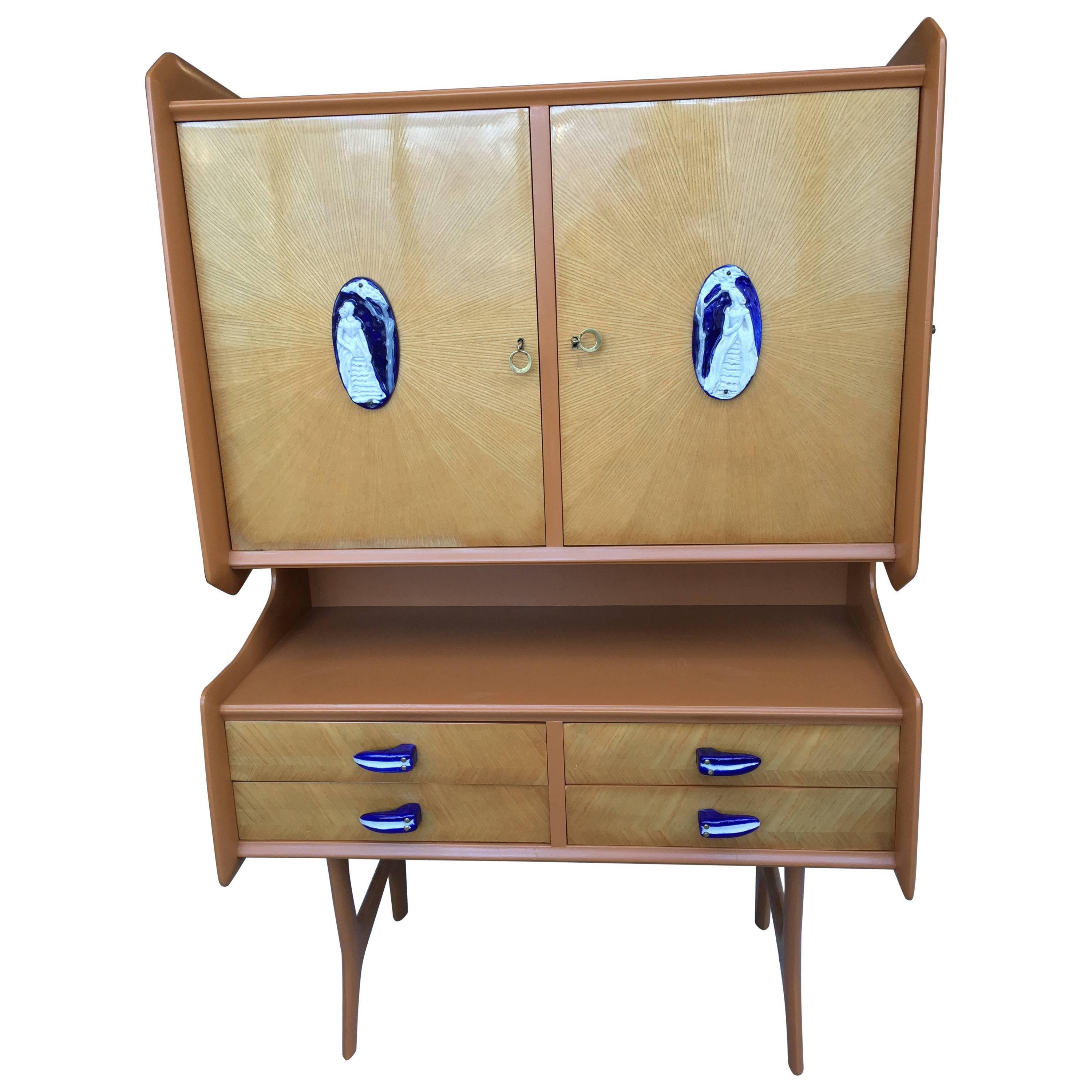 Vintage Cabinet Sideboard Credenza Style Ico Parisi 1950 Richard Ginori Handles For Sale