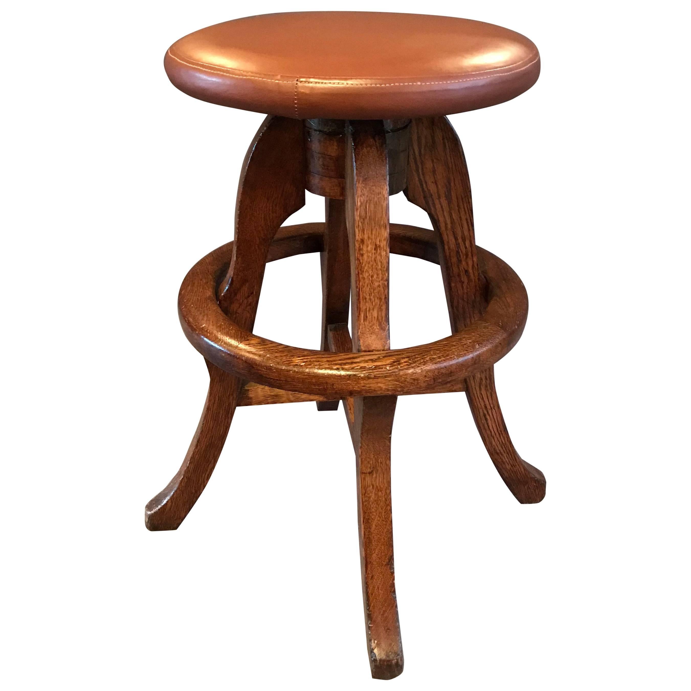 Solid Oak and Leather Workshop Drafting Stool For Sale