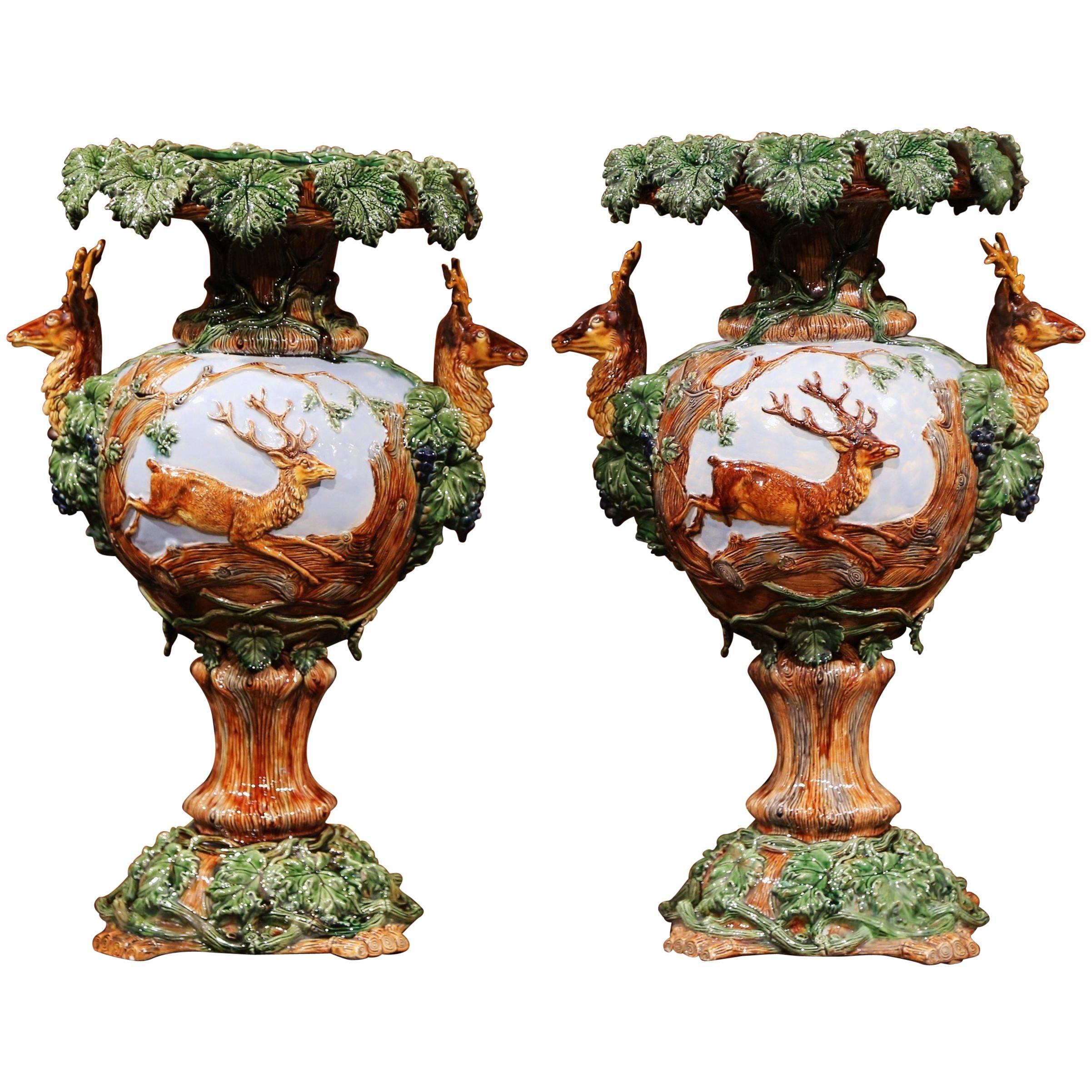 Pair of 19th Century French Painted Barbotine Vases with Deer, Grapes and Vines