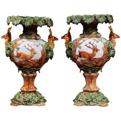 Pair of 19th Century French Painted Barbotine Vases with Deer, Grapes and Vines