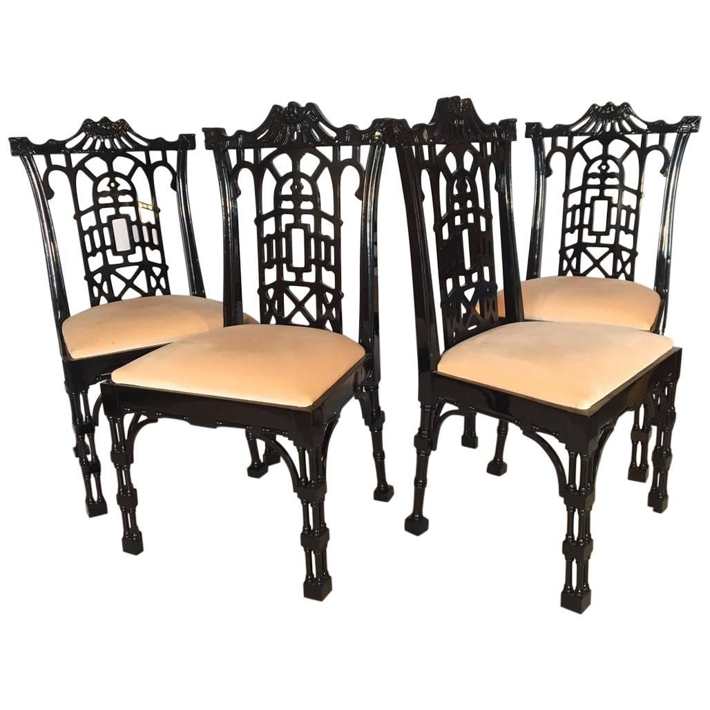 Set of Four Black Lacquer Asian Chinoiserie Pagoda Dining Chairs