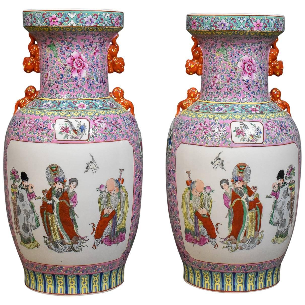 Midcentury Pair of Chinese Baluster Vases, Hand-Painted Ceramic Urns